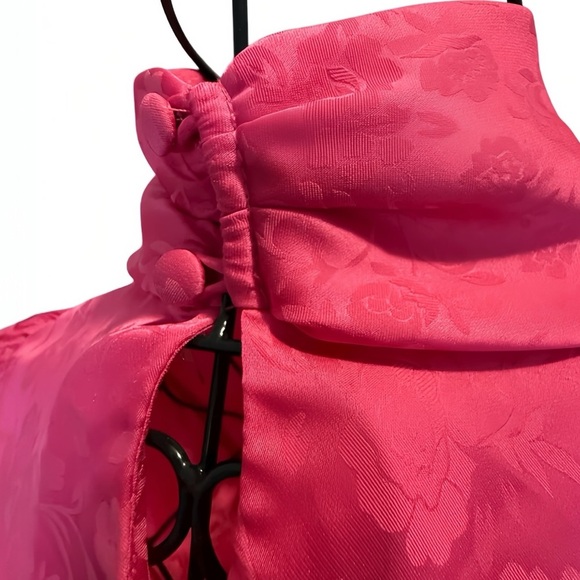 🌷Ronny Kobo Hot Pink Floral Jacquard Draped Mini Dress Turtleneck Long Sleeve M - Picture 7 of 13